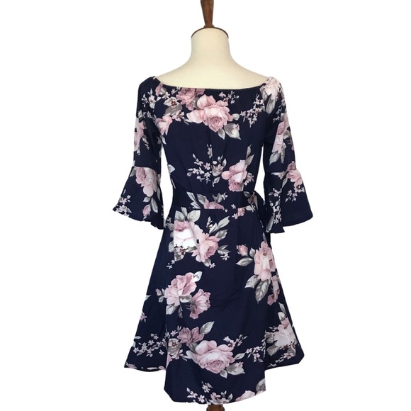 Boho Off Shoulder Navy Floral Chiffon Mini Dress - Picture 10 of 13